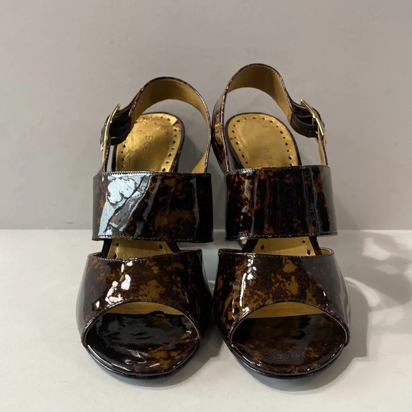 BCBGirls Brown Gold Tortoise Shell Patent Leather Ankle Strap Block Heels Size 9 - Picture 3 of 11